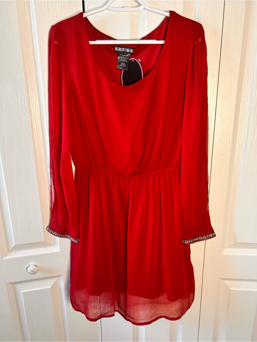 Paper Doll Women’s Size Large Red Long Sleeve Chiffon Lined Mini Dress NWT Y2K